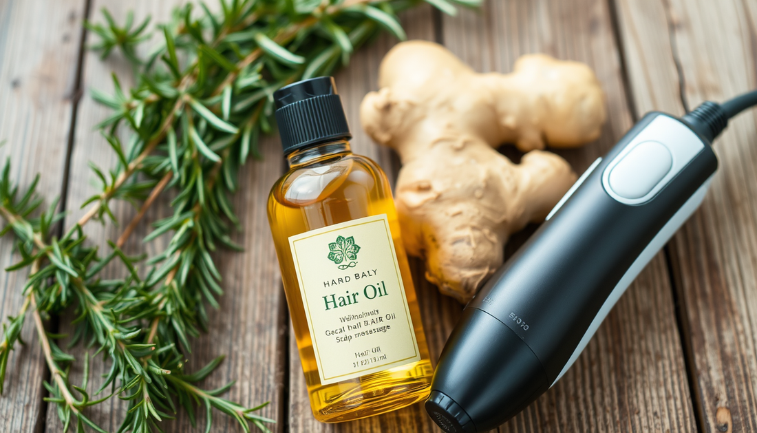 Radiant Roots Ritual: Rosemary-Green Tea Hair Growth Oil with Castor, Macadamia & Ginger plus an Electric Scalp Massager for Fuller, Healthier Locks