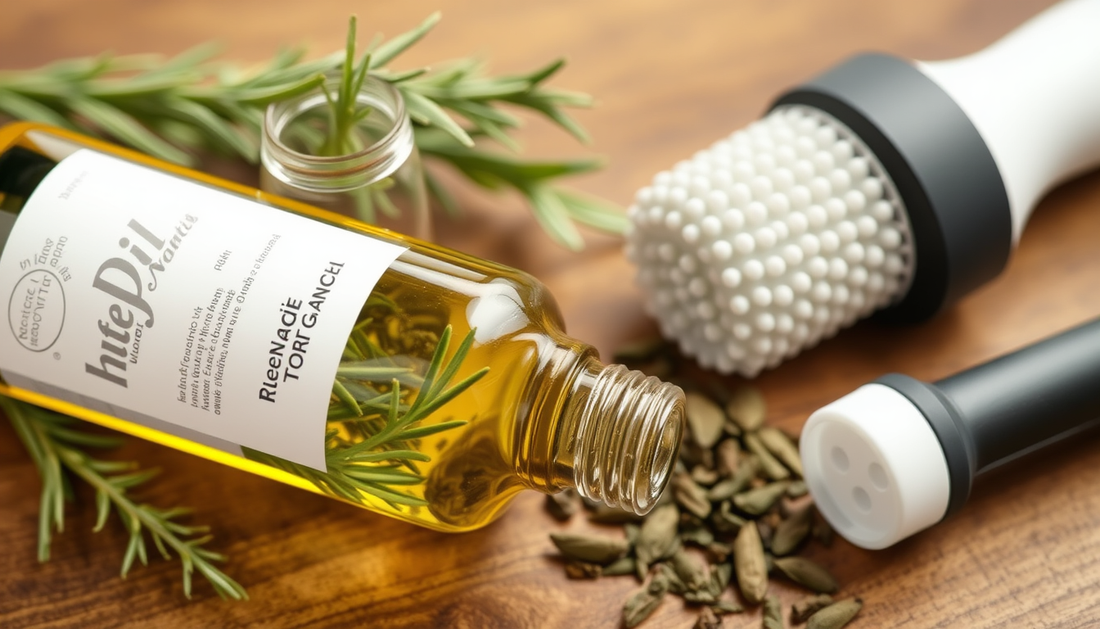 Herbal Elixir for Fuller Hair: Rosemary-Green Tea Growth Oil with Castor, Macadamia, Ginger & Peppermint Plus an Electric Scalp Massager